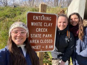 UDWRC water research students Elizabeth Shields, Hayley Rost, and Sophie Phillips at White Clay Creek State Park (Fall 2021)